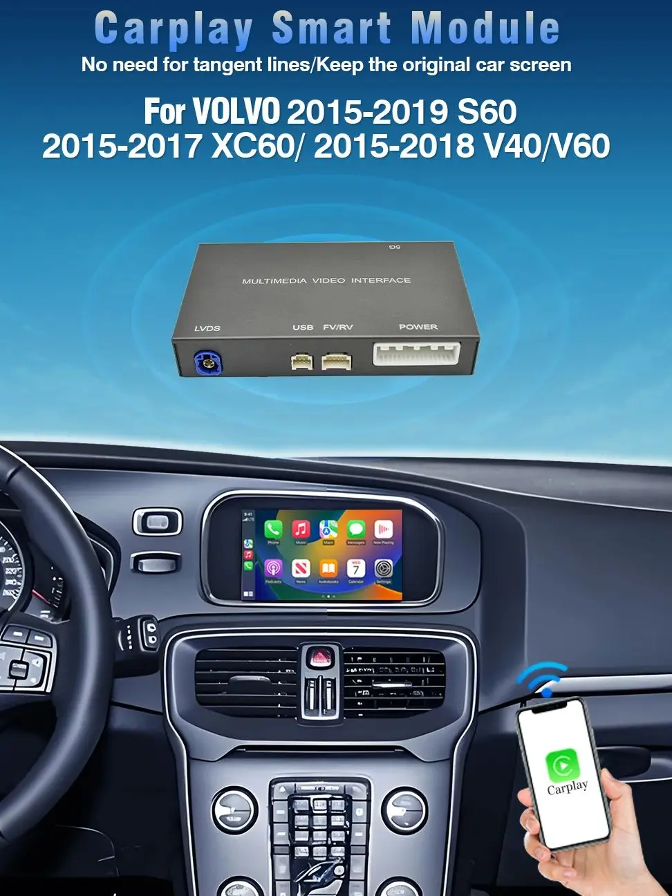 AUTOTOP Draadloze CarPlay Android Auto Upgrade Decoder voor Volvo S60 S80 XC60 V60 V40 2010-2018 Mirror Link GPS Aux Auto Module - afbeelding 2