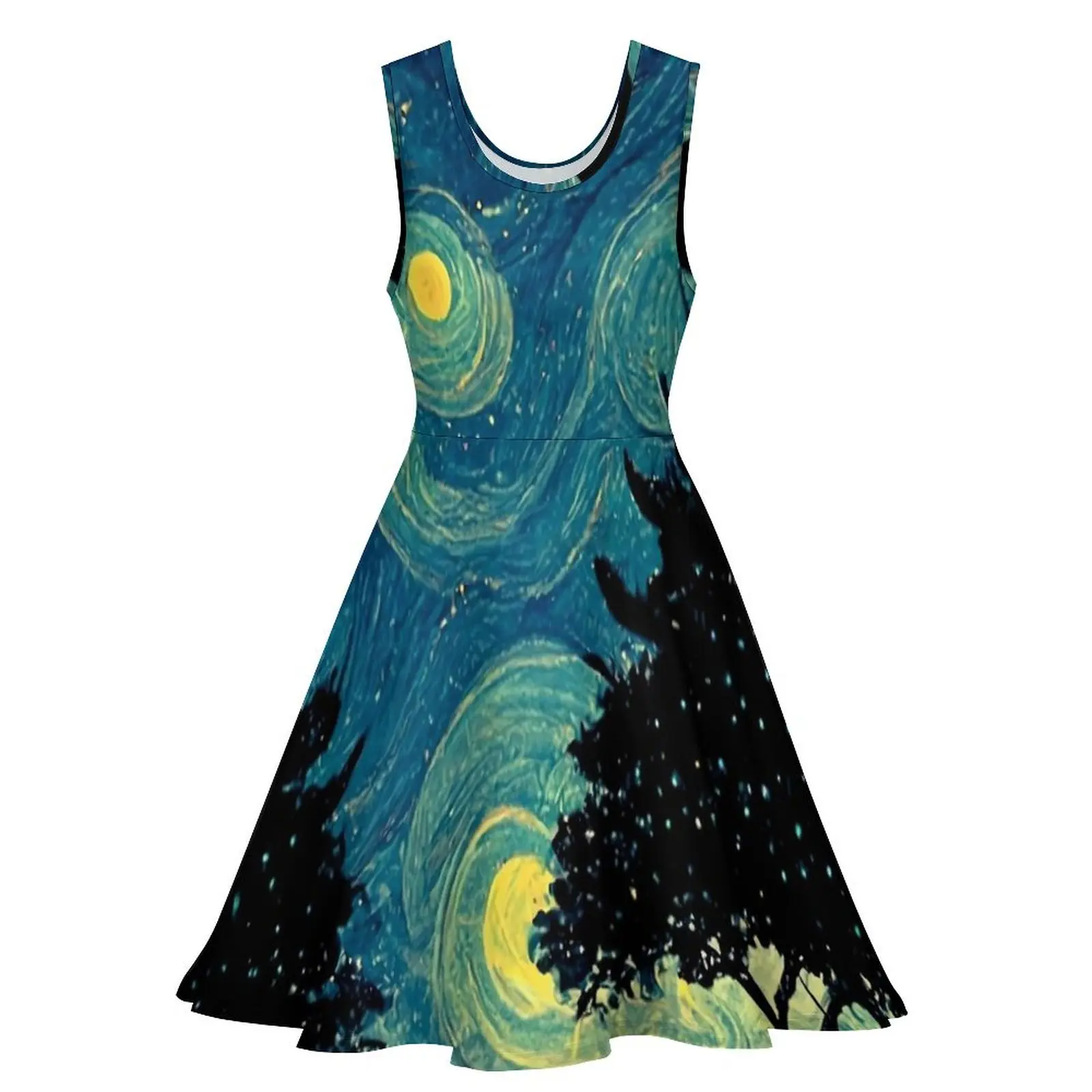 Starry Night Shadows Dress High Waist Fun Famous Painting Street Style Dresses Summer Female Oversize Kawaii Printed Skate Dress