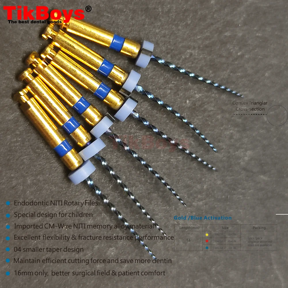 6Pcs/Pack 16MM Dental Pediatric Endodontic Baby NITI Rotary Files Rotary Engine Files Tip For Kids Root Canal 04/06taper 20#25#