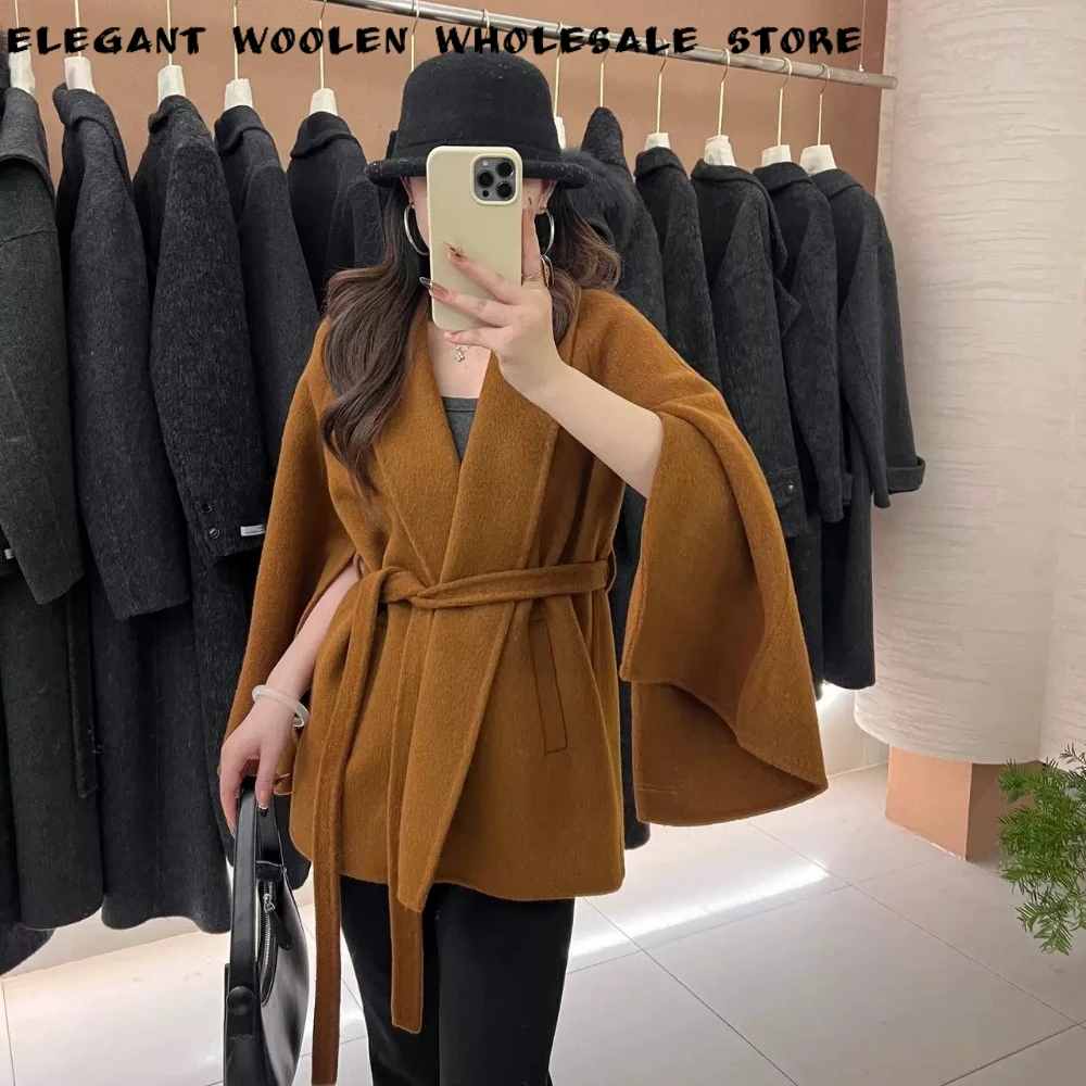 Woman Oversized Coat Ladies Wool Jacket with Shawl Collar Belted Wrap Short Double Face Swear Warm Winter Coat for Office Wear