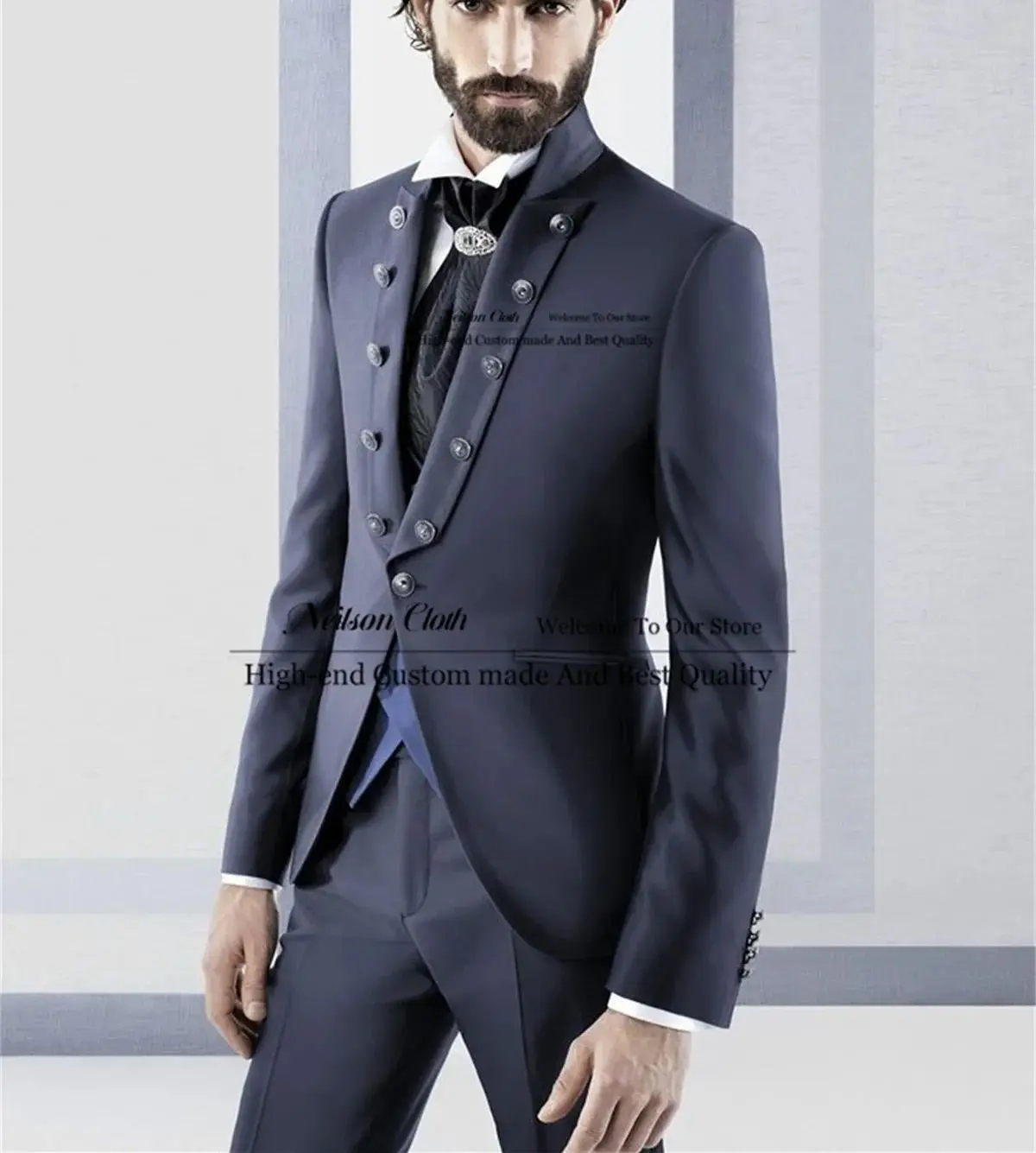 

Fashion Dark Blue Male Prom Blazers Slim Fit Stand-Up Collar Groom Wedding Tuxedos 2 Pieces Sets Customized Costume Homme