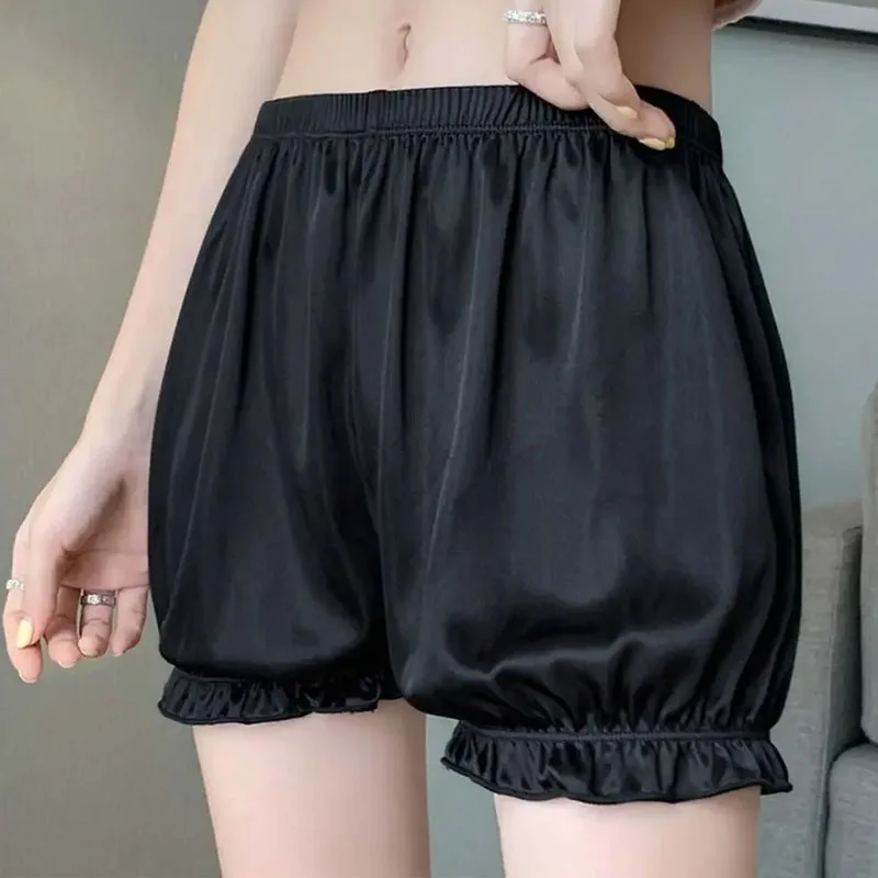 Satin Safety Short Pants Ice Silk Bloomer Shorts Women Ruffled Pumpkin Pants Victorian Pettipants Sleeping Bottoms Shorts