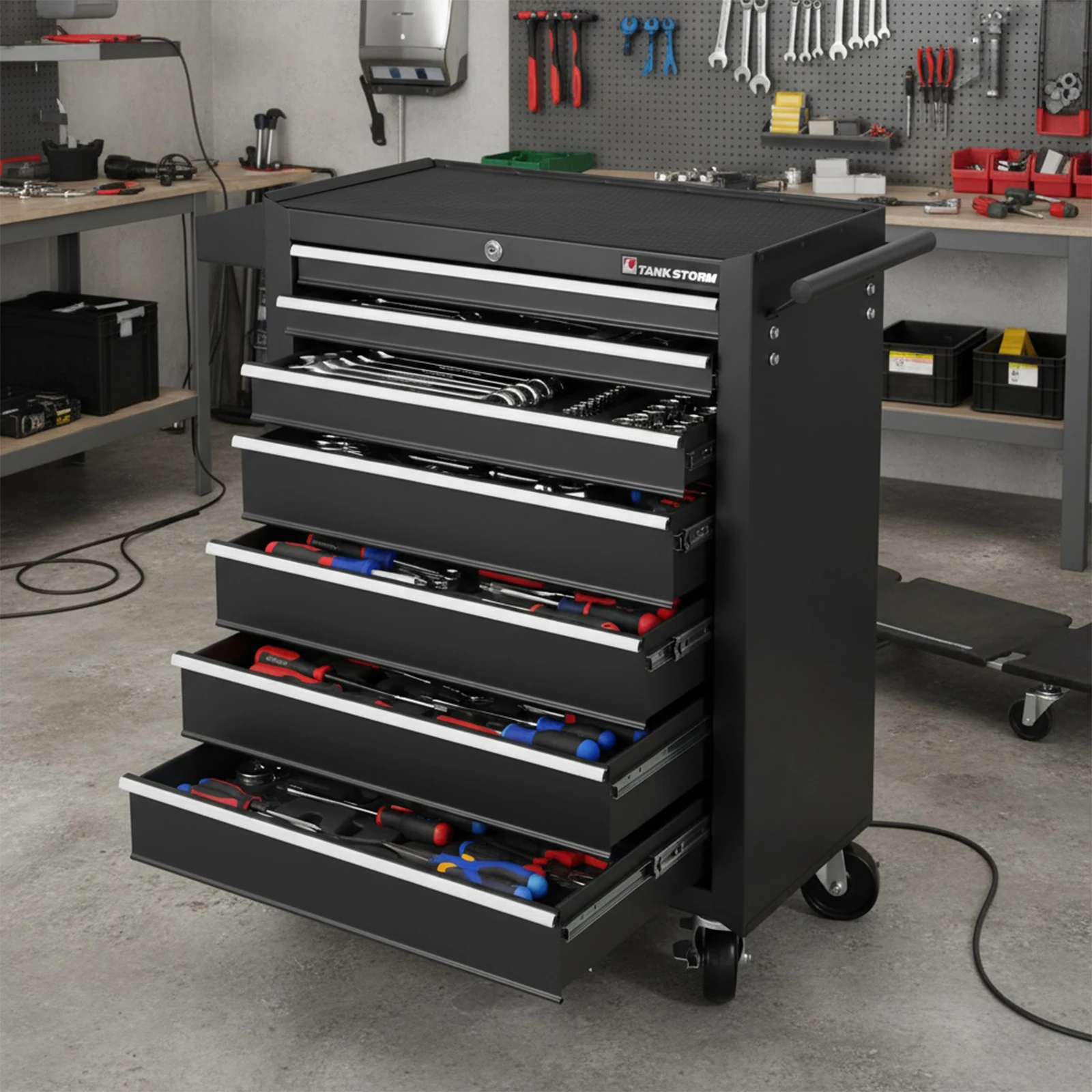 7 درج المتداول أداة الصدر انزلاق أداة عربة درج ث/بطانات درج مقبض قفل تلقائي لورشة عمل مستودع المرآب