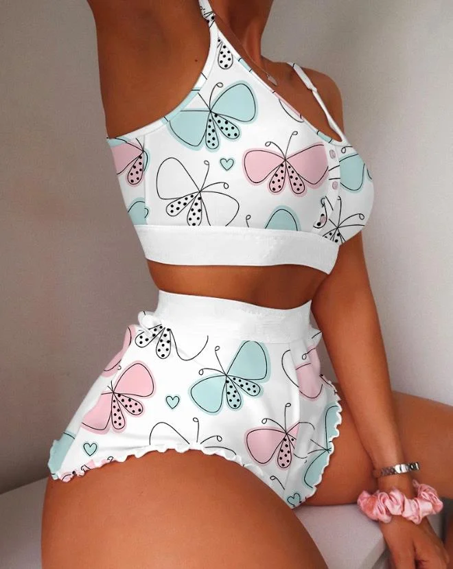 Women's Versatile Summer Outfit Casual Comfortable Halloween Pattern Print Border Camouflage Camisole Top Short Shorts Set