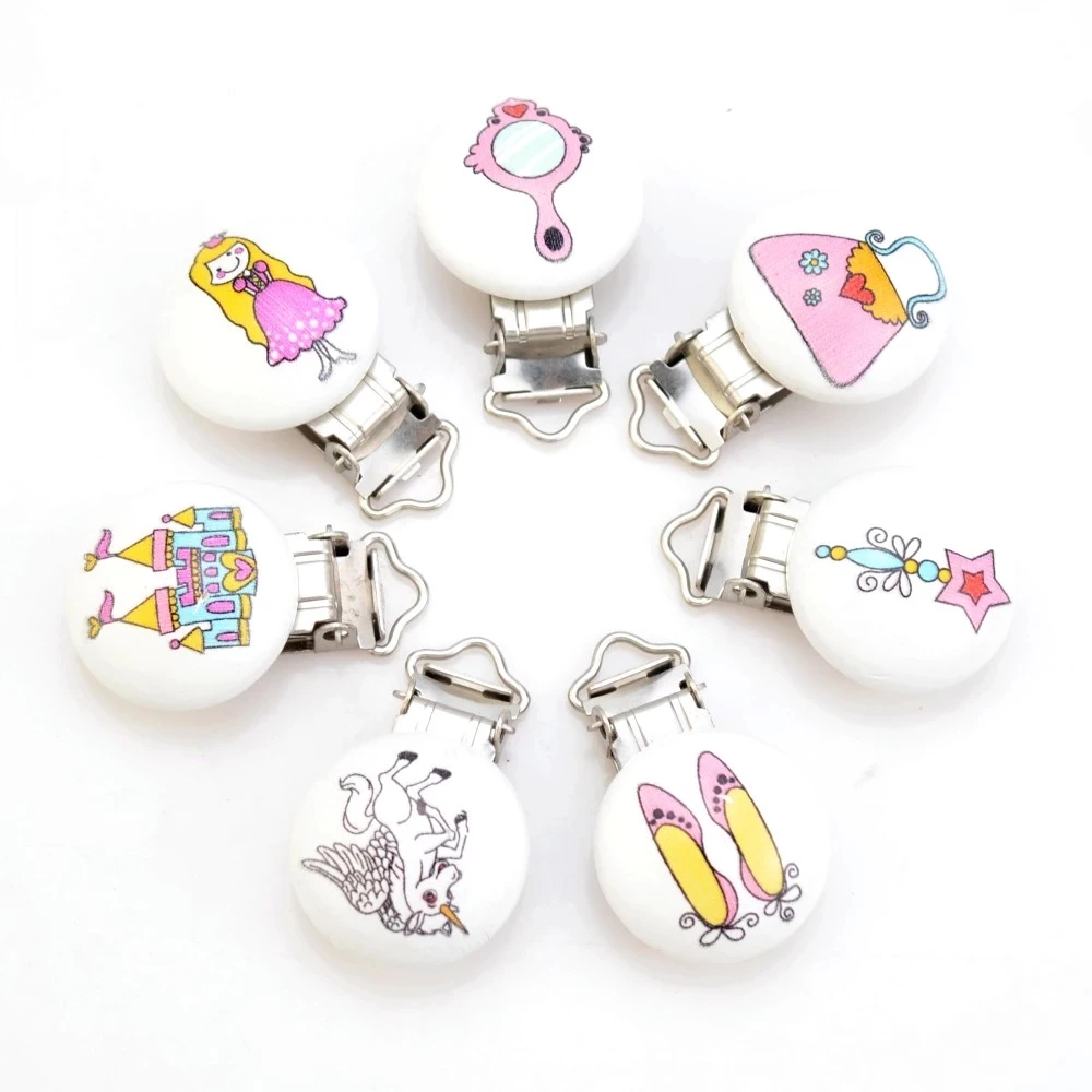 5PCs Wood Baby Pacifier Clips Cartoon castle princess dress Metal Holders Cute Infant Soother Clasps Funny Accessories 4.8*2.9cm