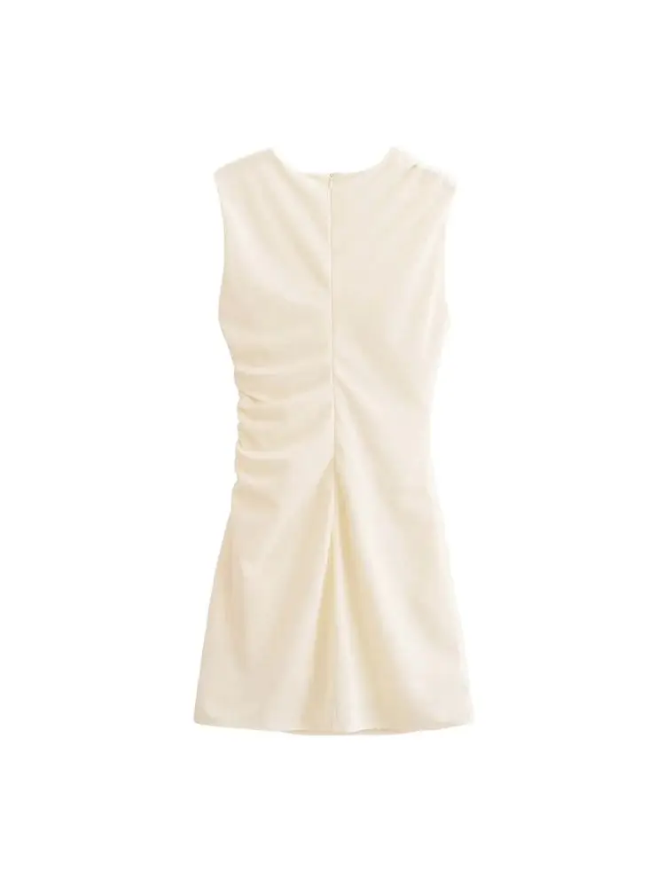 TRZA-Women's Draped Mini Dress, O Neck, Sleeveless, Back Zipper, Female Dresses, Sexy Fashion image 3