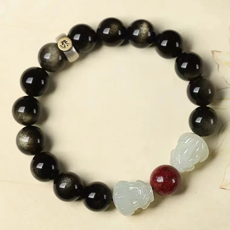 

Hetian Jade двойной Pixiu золотой обсидиан для мужчин и женщин пара браслет из бисера Пи Чу зодиак тигр рождения Будда строка для рук