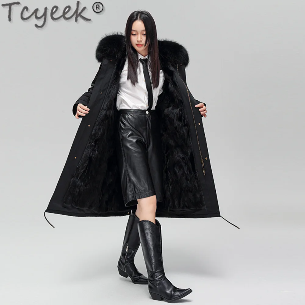 

Winter Tcyeek Real Coat Women Clothing Fashion Long Fox Liner Jacket Hooded Womens Parka Black Raccoon Fur Collar