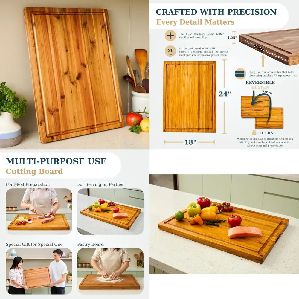 

Large Acacia Wood Kitchen Cutting Board, 24x18x1.25 Inches, with Juice Groove, Handle, and Gift Packaging