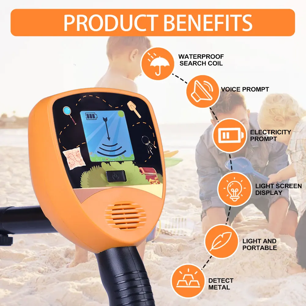 MD-1015 Metal Detector for Kids Waterproof Kid Gold Detector Finder Treasure Hunter Adjustable with LCD Display Lightweight Gift