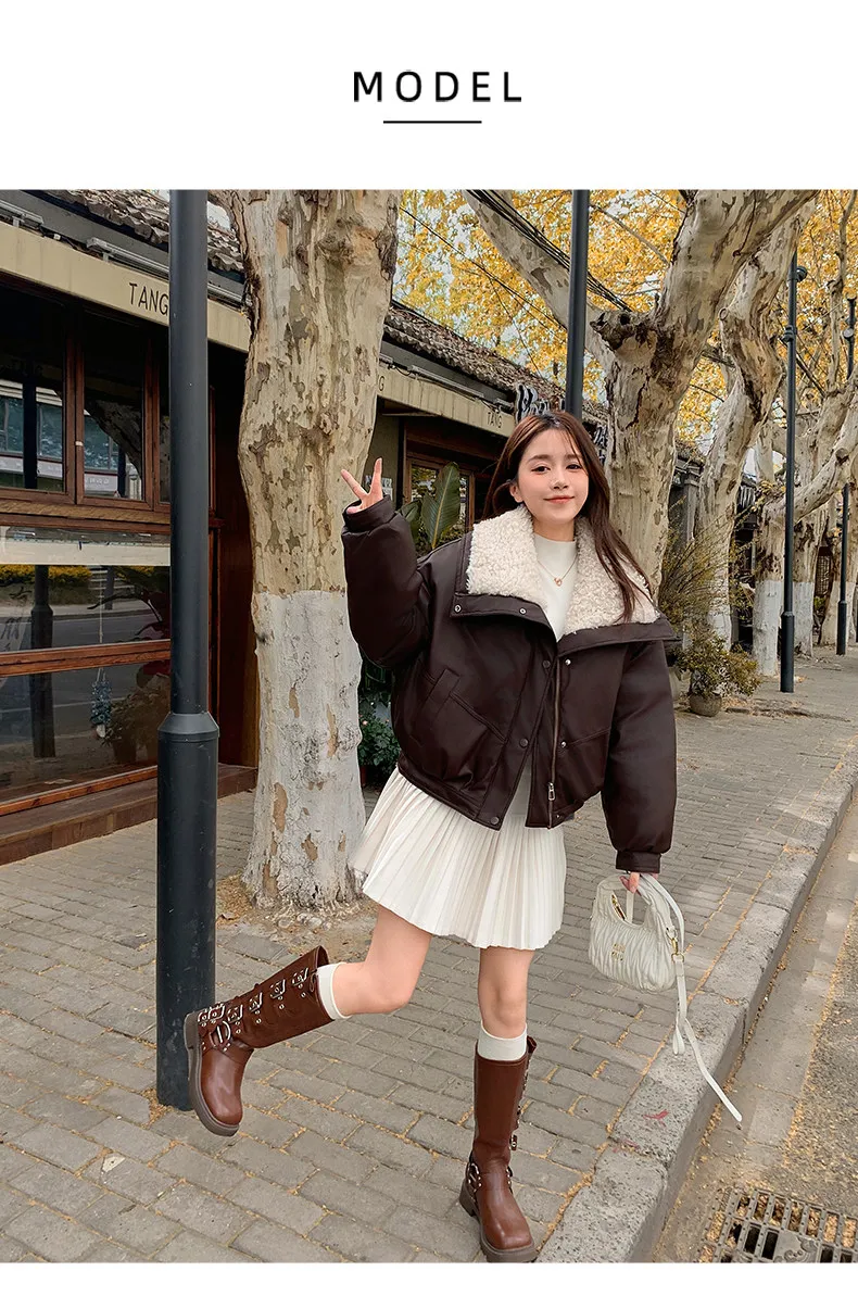 2026 Winter New Thick PU Leather Coat Women Cropped Fluffy Lapel Collar Padded Jacket Female Zip-up Streetwear Cool PU Parkas