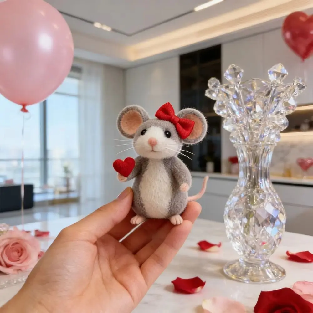 Handmade Felt Valentine's Day Felt Mouse Mini Size Wool Felt Mouse Ornaments White Color Animal Crafts Valentines Day Decor