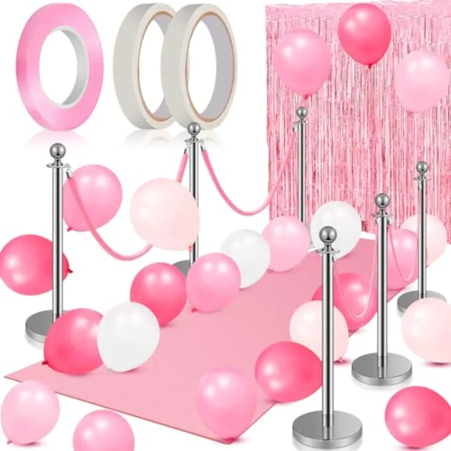 

76 Pcs Carpet Runner for Party Set 1 Floor Runner 2 Double Sided Tape 6 Stanchion Post 4 Veet Carpet Ropes 2 Foil Fringe Backdr