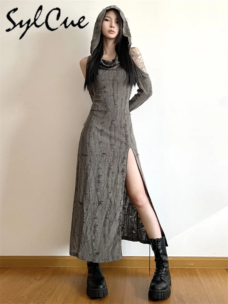 

Sylcue Summer Bachelorette Party Gray Mysterious Cool Trendy Distinctive Casual Simple Confident Sexy Women's Hooded Long Dress