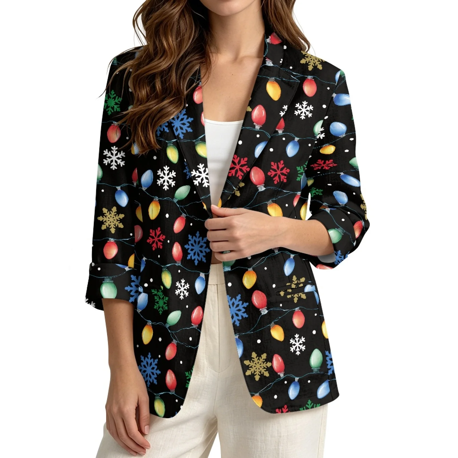 PENSTROLL Snowflake LED Strip Linen Like Outerwear for Work Lightweight Outerwear Cover Up Cardigan Coat