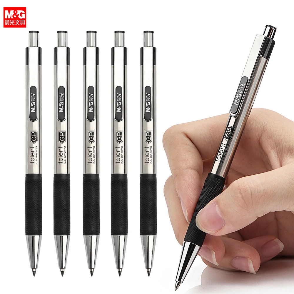 M&G Retractable Stainless Steel Ballpoint Gel Pens, 0.5mm Fine Point Bullet Tip Black ink Refill Smooth Writing Grip Signing Pen