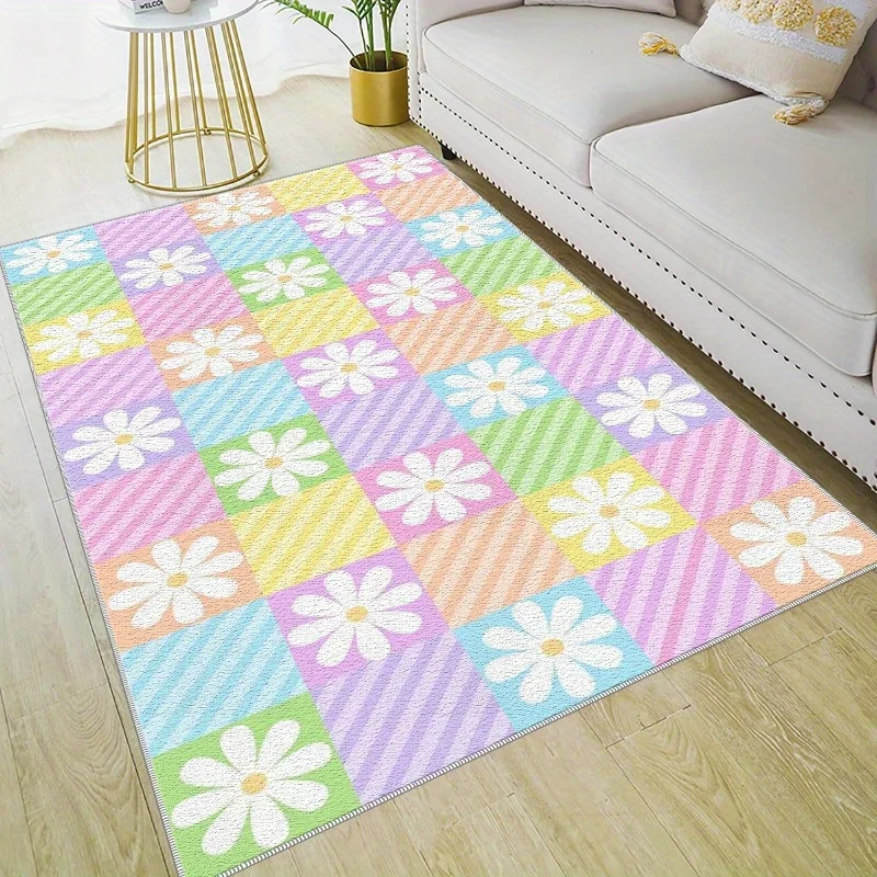 VIKAMA Cute Groovy Daisy Checker Indoor Rug Sweet Pastel Striped Square Floral Pattern Non‑Slip Washable Floor Mat for Home