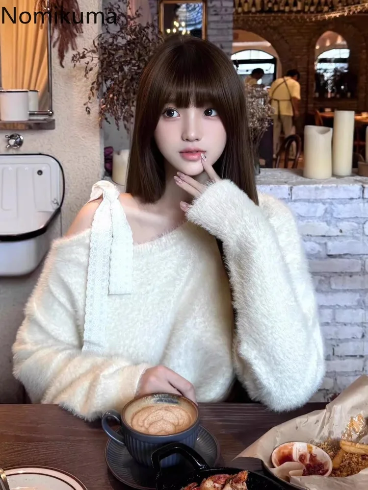 

Soft Sweet Jumper Knitting Pullovers Women's Clothing Bandage Bow Mohair Pull Femme Off Shoulder Knit Loose Sweater Sueter Mujer