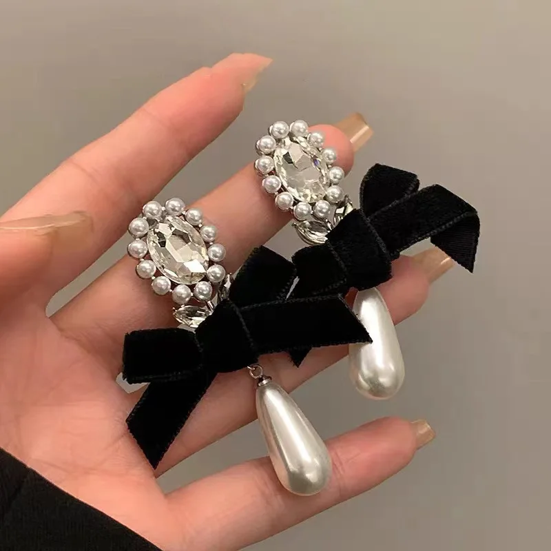 Vintage Luxury Black Velvet Bow Water Drop Pearl Earrings For Women Girl French Style Elagant Crystal Stud Party Wedding Jewelry