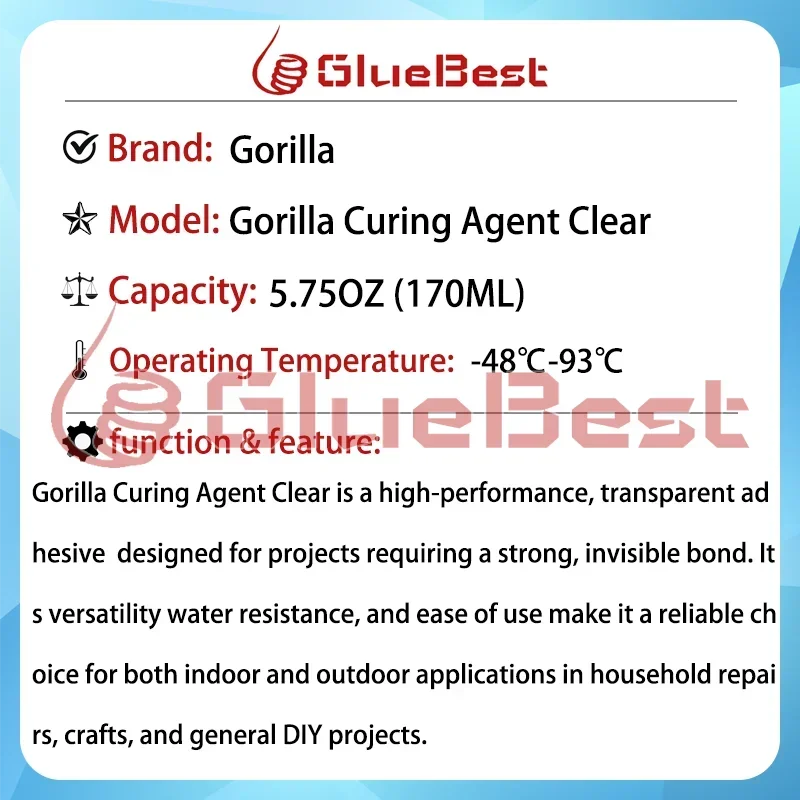 عامل علاج شفاف سريع الجفاف ، غوريلا ، ترابط متعدد الأسطح ، قوي ومقاوم للماء ، منتج أصلي