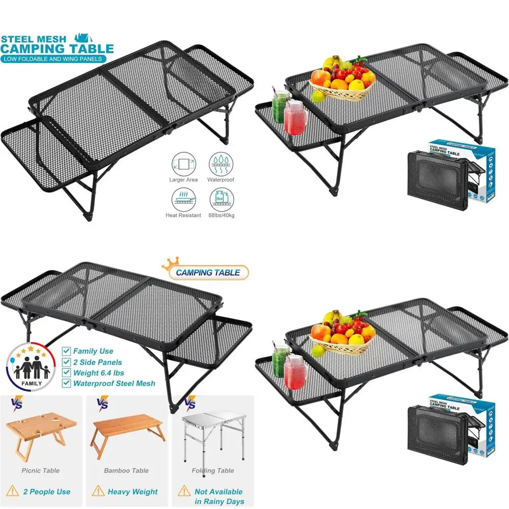 

Компактный складной походный стол с 2 боковыми полками, портативный, для использования на природе и на пляже, прочная стальная сетчатая поверхность (3 T, черный)