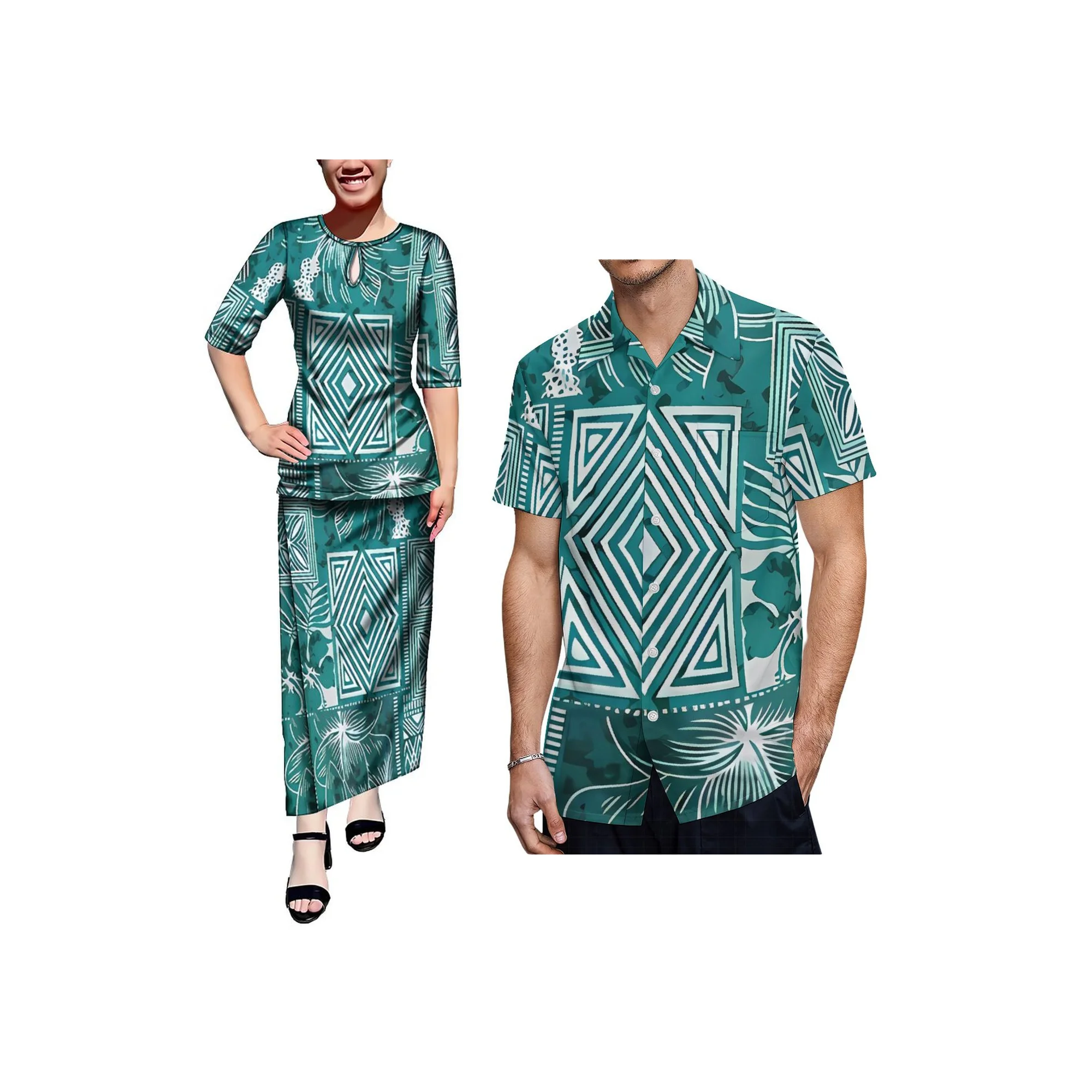 New Factory Custom Polynesia Style Ladies Water Drop Design Dress Samoan Puletasi Set Dress 2Piece Set