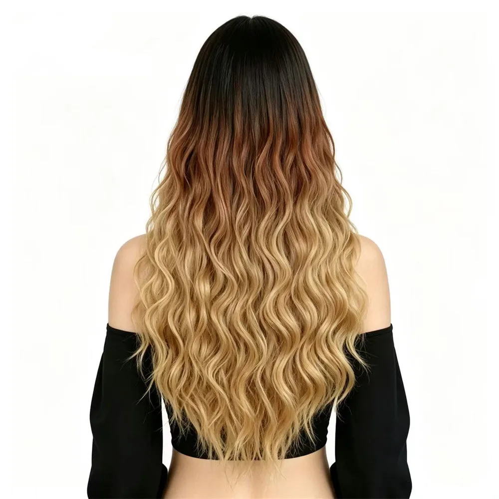28 Inch Ombre Long Wavy Synthetic Wig for Women Three Color Gradient Heat Resistant Natural Wave Wig for Daily Party Cosplay