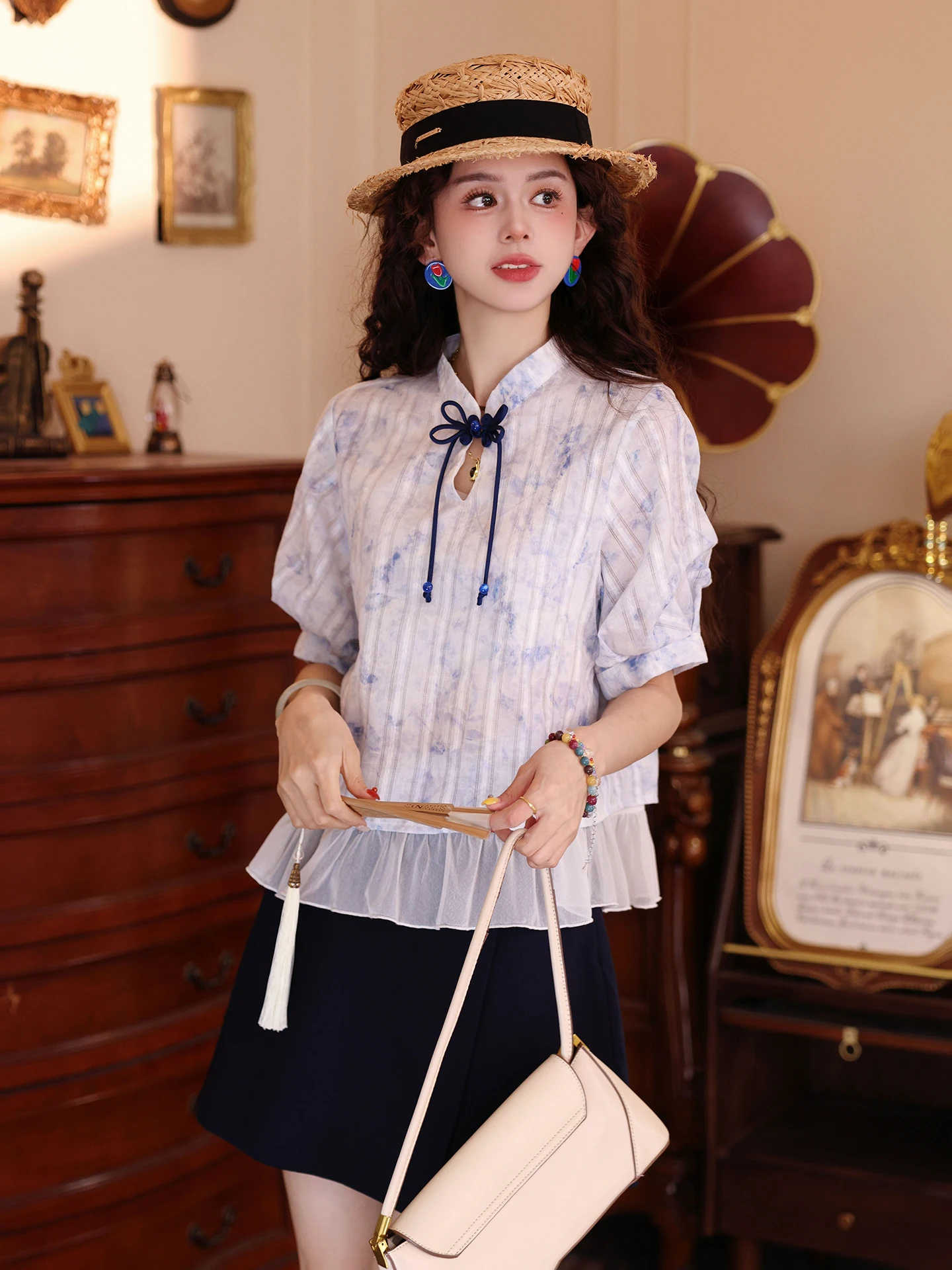 

New Chinese Style Summer Shirt Chen Jia Jie Ice Crack Porcelain National Style Women's Fashion 2026 New Button up Top