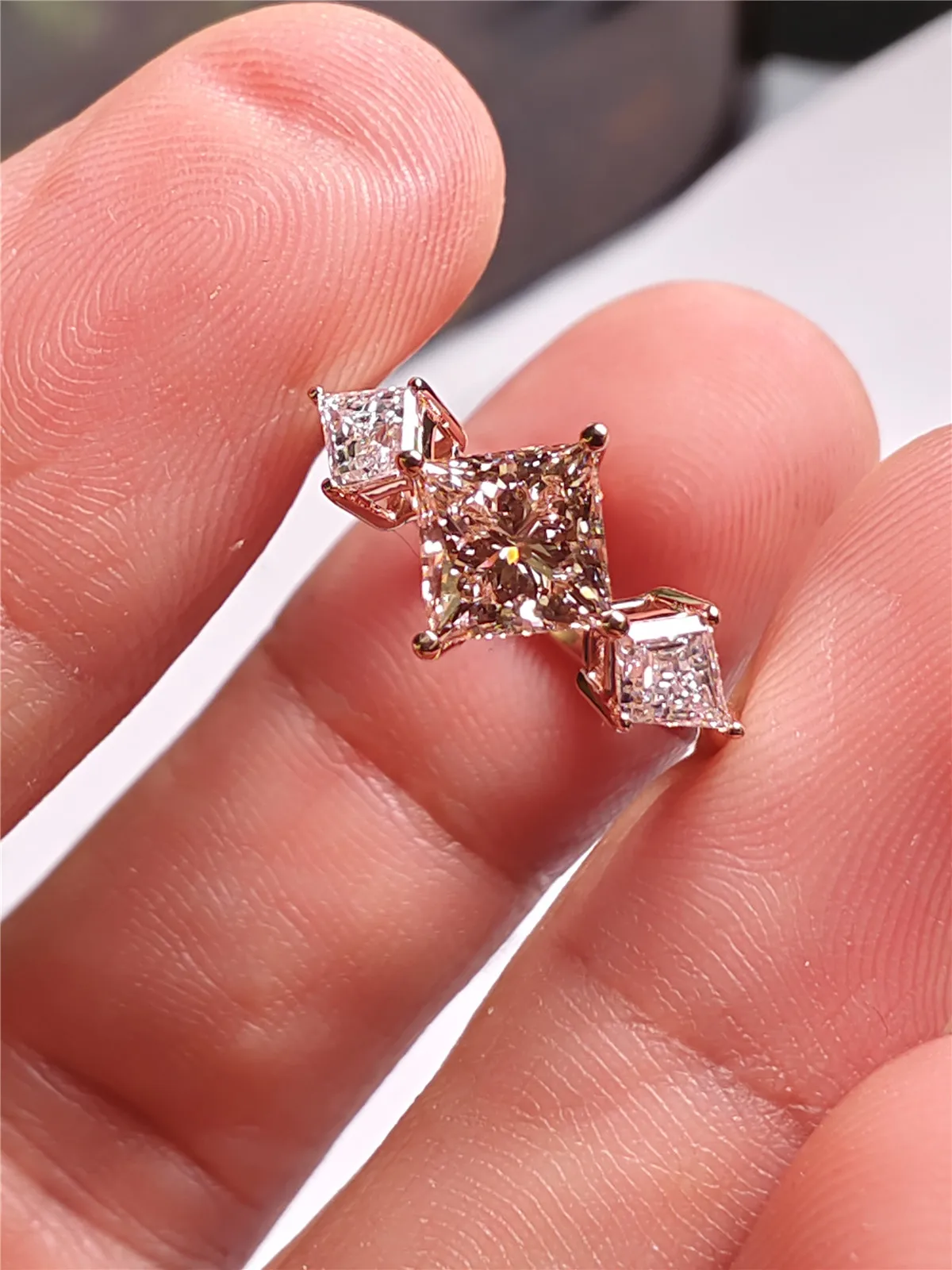 

14K Solid Gold Rose Gold Princess Cut Pink FIP Three-Stone Engagement Ring with Laboratory-Grown Diamond, Custom Made