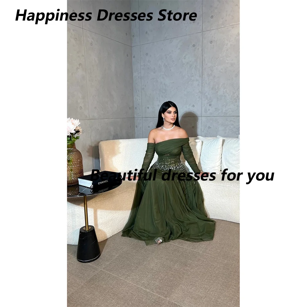 Vestidos de noche elegantes personalizados con hombros descubiertos, lentejuelas, mangas largas, vestidos de fiesta hasta el suelo, vestidos de fiesta de Arabia Saudita ﻿