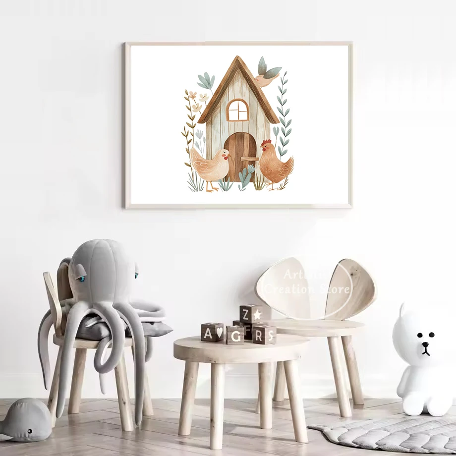 Cartoon Nordic Cute Farm Animals Cow Pig Chicken Barnhouse Tractor Poster Canvas Painting Wall Art Picture Home Decor
