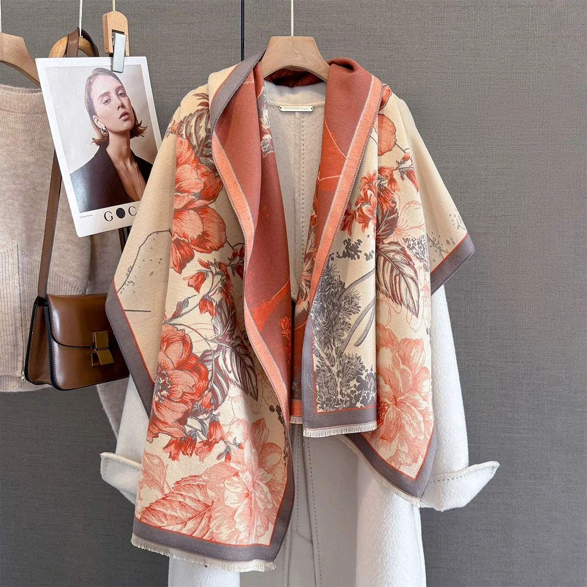 

Новый брендовый элегантный шарф с двусторонним принтом, мягкая теплая шаль из пашмины с бахромой, осенне-зимнее уличное холодостойкое ветрозащитное одеяло