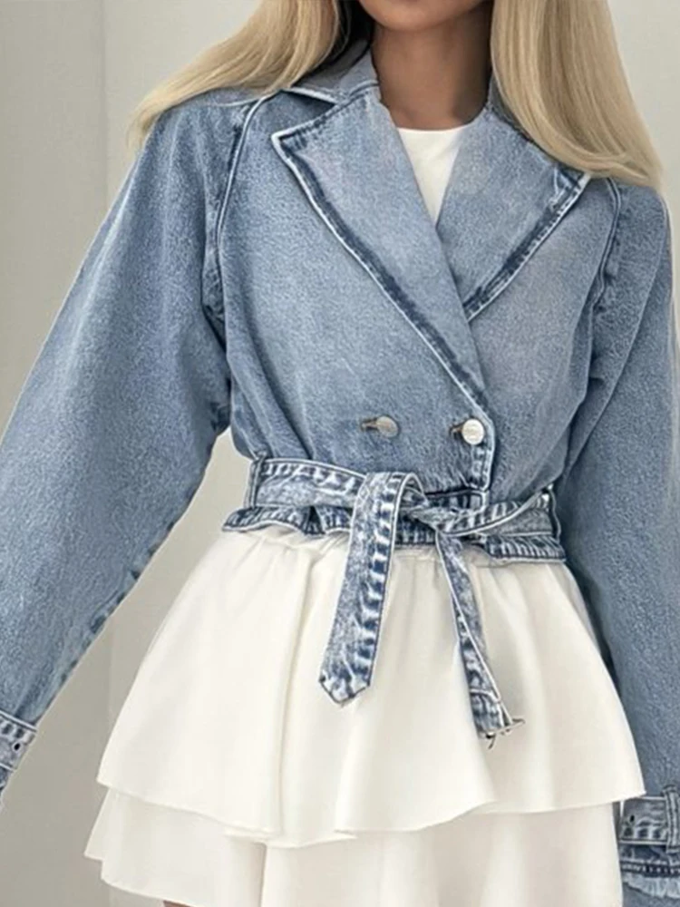 

2025 Women's Casual Long Sleeve Blue Jackets Fashion Button Hight Street Short Coats Elegant Lapel Collar Solid Denim Outercoat