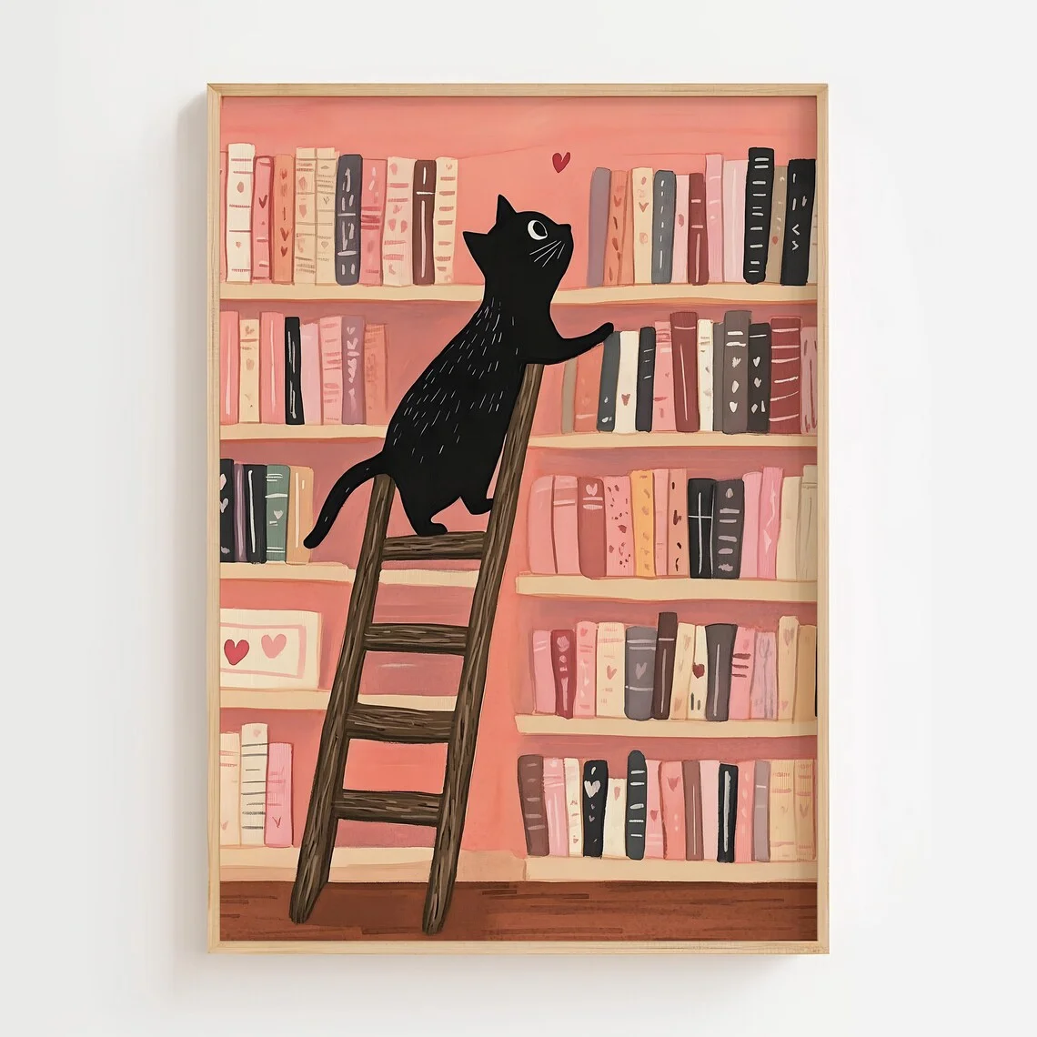 Black Cat Library Wall Art Pink Bookshelf Illustration Valentine Reading Poster Cozy Nursery Decor Book Lover Printable Digital