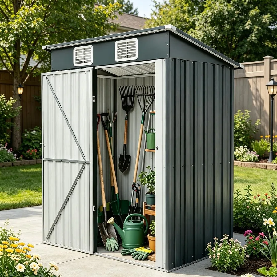 Outdoor Metal Storage Shed, Galvanized Steel, Gray, Lockable with Ventilation, 5x3 Feet