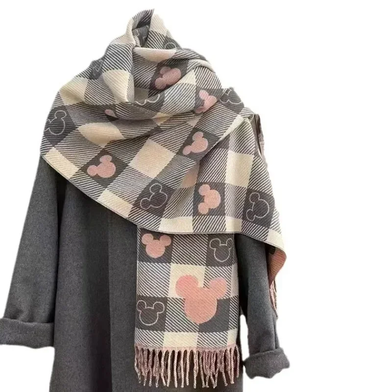 Disney Mickey Mouse Scarf 2023 Winter Mickey Scarf Women Double-sided Shawl Imitation Cashmere Retro Foreign Style Fashion Gift