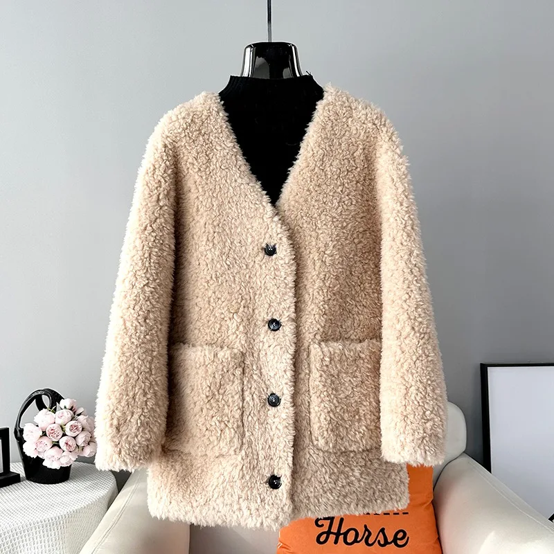 

2023 Lamb's Wool Fur Women's Medium-length Jacket Female Sheep Shearling Coat V-neck Silhouette Cardigan Parka JT413