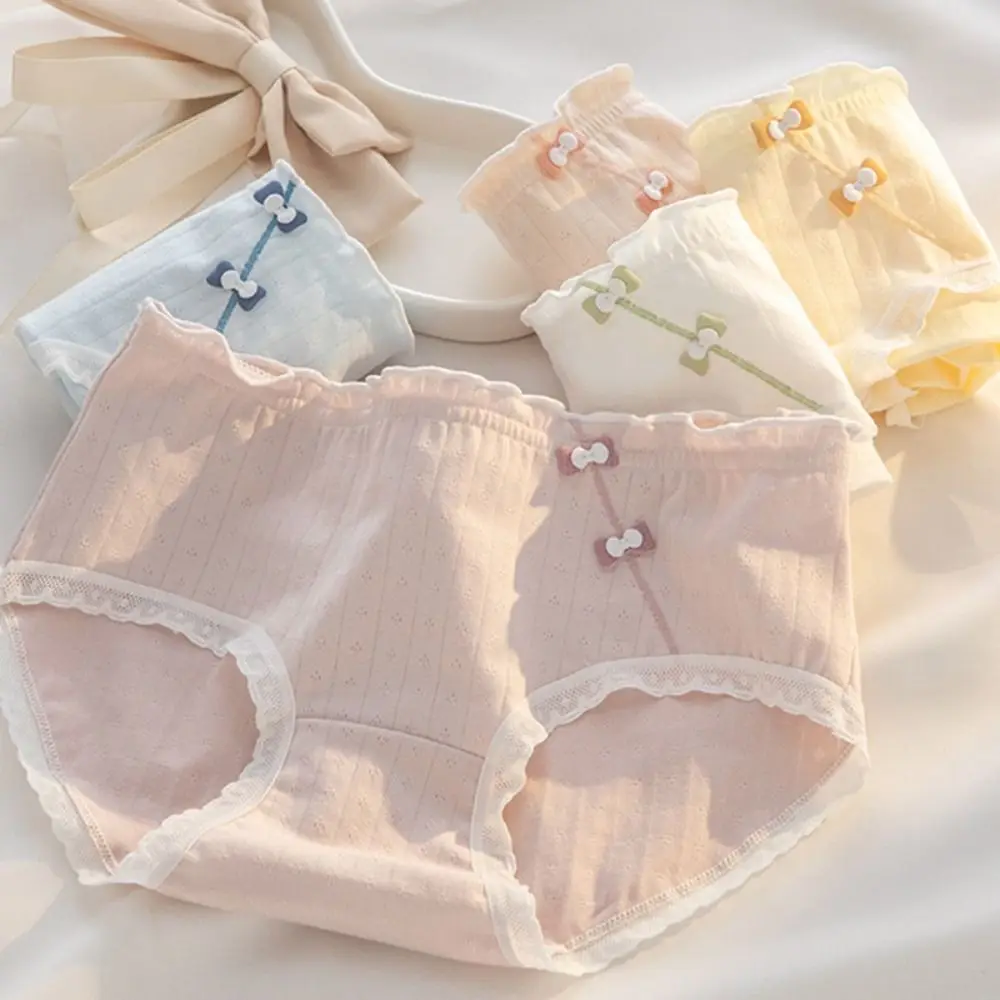 

5PCS Breathable Ruffle Sweet Briefs Mid Waist Cotton Crotch Bowknot Panties Underwear Underpants for Women Women