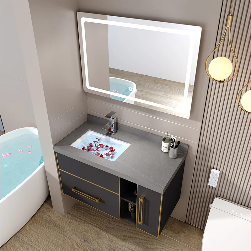 fj-Modern High Quality LED Bathroom Cabinet Set Grey Slate Countertop Waterproof Space Aluminum Stainless Steel Sink Compatible@