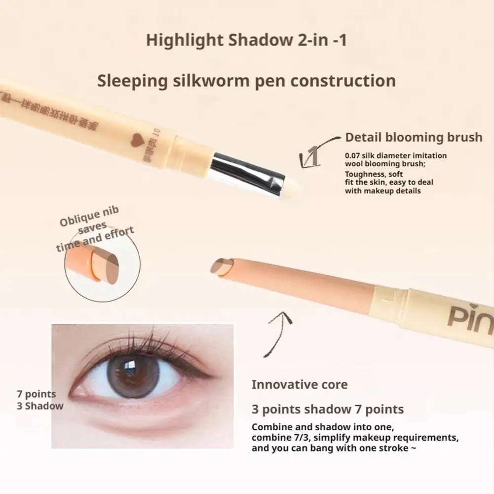 핑크펑크 2-in-1 실크웜 하이라이터 펜, 듀얼 컬러 '팡 펭 레' 아이 하이라이트 펜슬 (스무지 브러쉬 & 리필 포함)