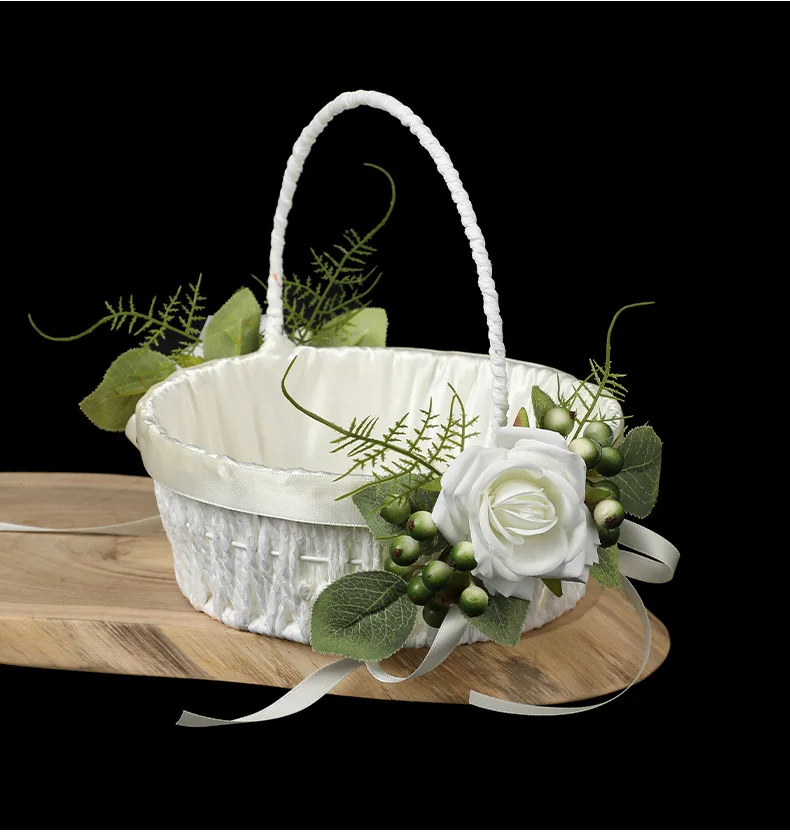 New panier mariage White Wedding Handheld Flower Basket Wedding Supplies Set Simulation Flower Decoration Wedding Ring Basket