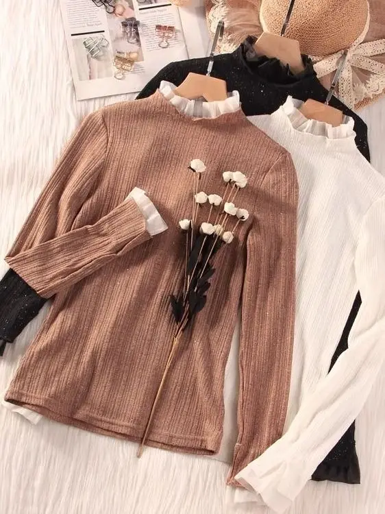 

Fall Winter Thiened Fce Lined Chiffon Base irt Women's Knitted Top f High Collar Accordion Pleat Net Sve Long Dr