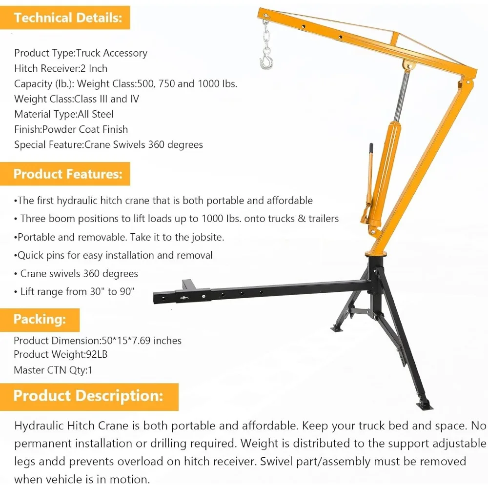 Hydraulic Pickup Truck Crane, 360° Swivel Professional 2-Inch Hitch Receiver, 3 Adjustable Capacities: 500 Lbs, 750lbs