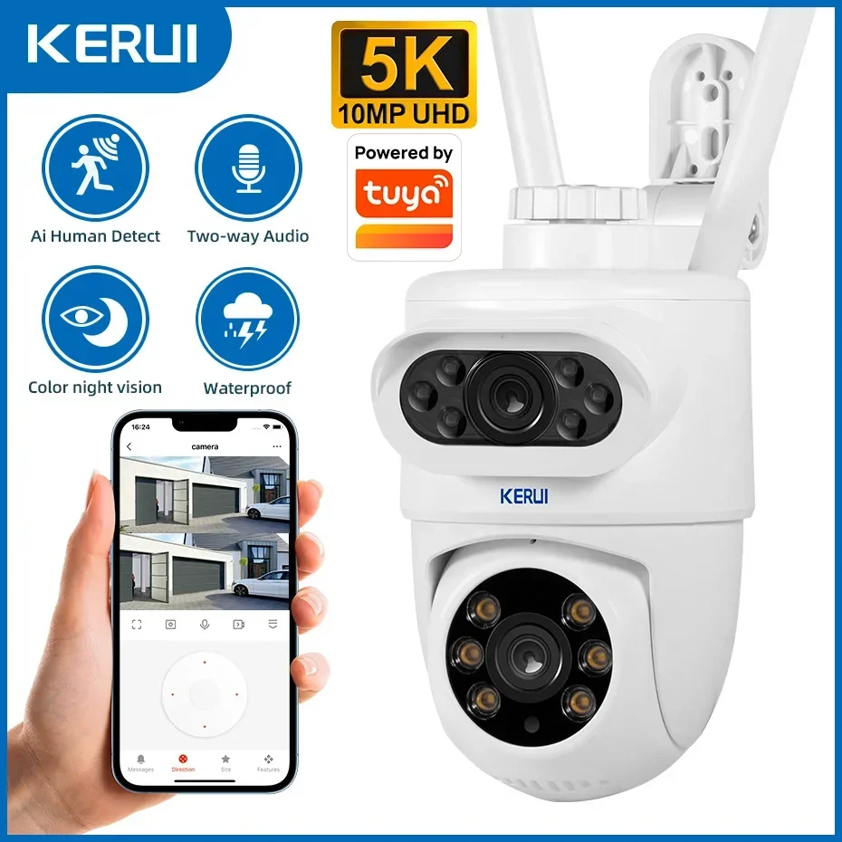 KERUI Outdoor 10MP 5K HD Dual Lens WiFi IP Camera PTZ Wireless Home Security CCTV Video Surveillance Work with Tuya Smart