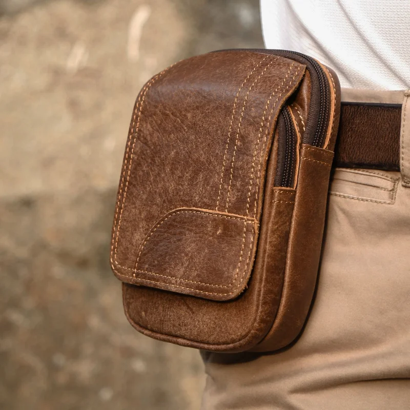 New Vintage Men's Cow Leather Waist Bag Male Outdoor Sports Waist Packs For Men Wear Resistant Mobile Phone Bag