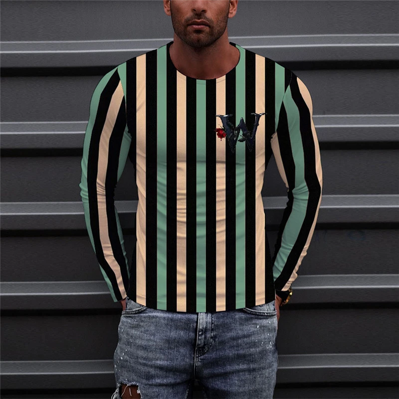 

Long Sleeve Striped Men's Fashion T-Shirts Loose Casual Oversize Breathable Tops 3D Printed Letters Street Hip Hop Male Top Tee