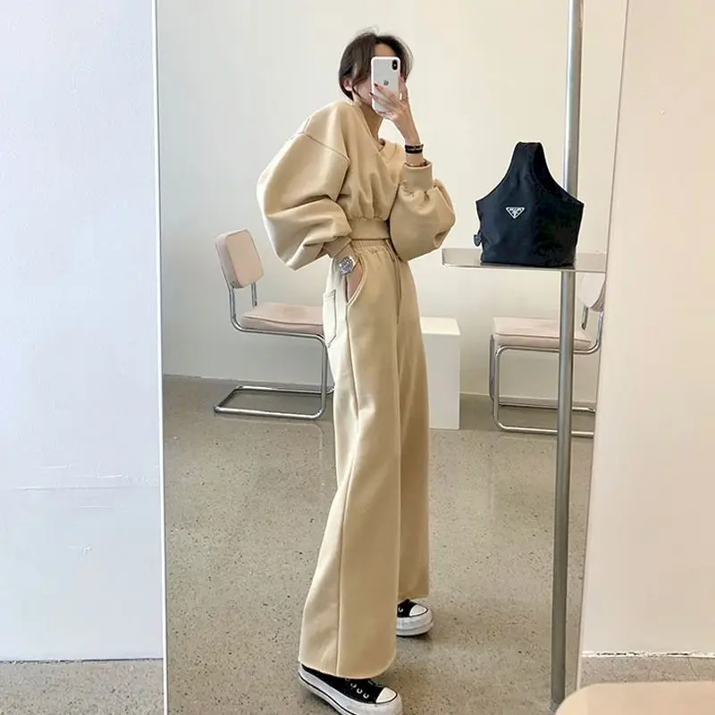 Womens Sportswear Suits Cotton Autumn Korean Loose Lantern Sleeve Pullover Casual Straight Leg Pants Two Piece Sets Sports Set