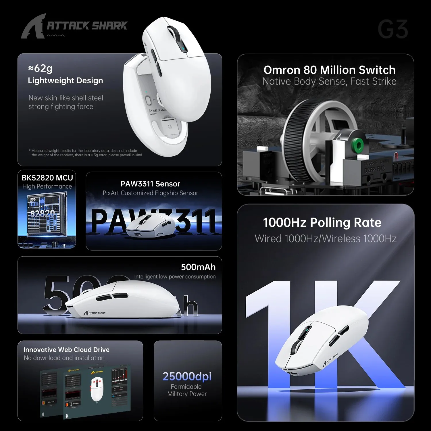 ATTACK SHARK G3 draadloze gamingmuis 3-modus (BT/2.4G/Type-C) 12000DPI PAW3311 voor Esports-muis van pc/laptop/tablet ﻿