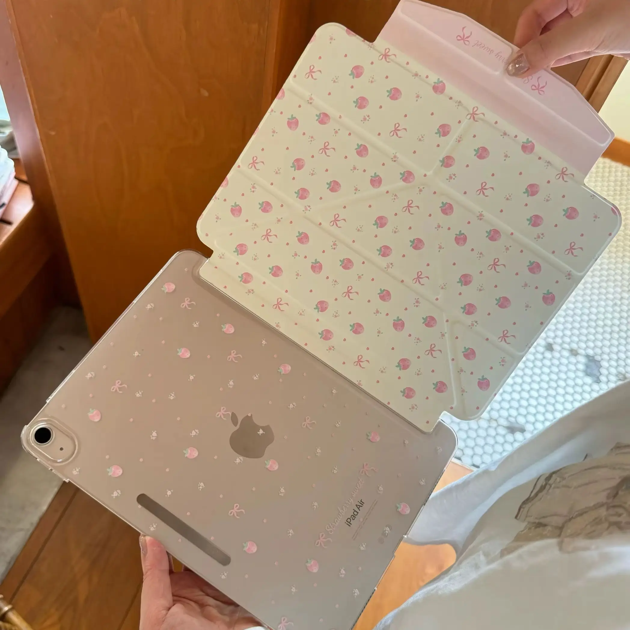 Ins Korea Love Bow StrawberryY2K Tablet Case For iPad Pro 13in 11th M5M4 12.9in A16 7/8/9/10th Air4/5/6/7 11in M2 M3 Mini Cover