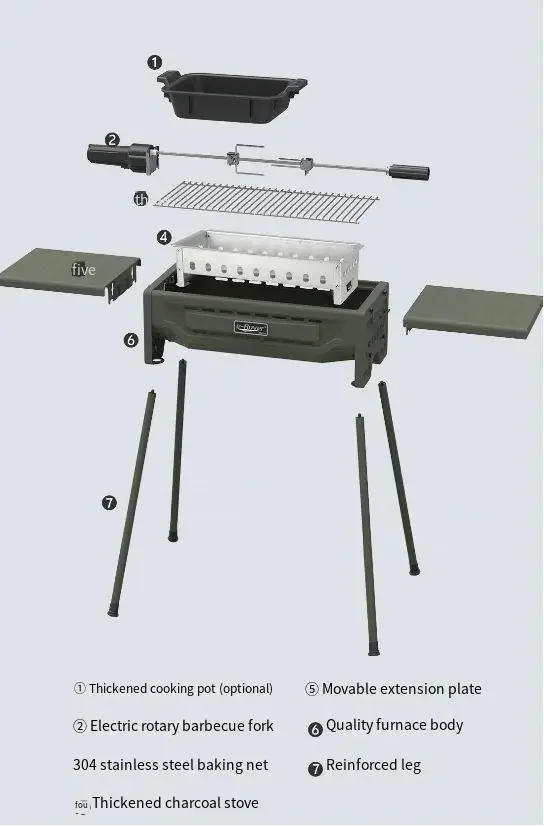 For Portable Folding BBQ Grill, Carbon Steel Rotating Skewer Rack for Camping & Garden, Outdoor Charcoal Stove